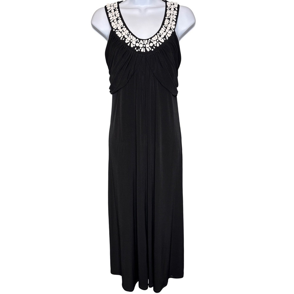 SOFT SURROUNDINGS Black Beaded Neckline Maxi Dress‎ Sz PM Ruched Cruisewear Chic